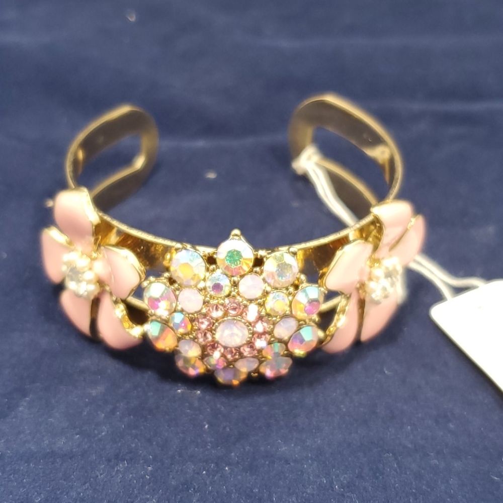 Bijou gold tone Pink stone flower cuff  bracelet